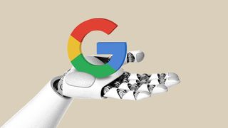 Illustration of a robot hand holding Google "g"